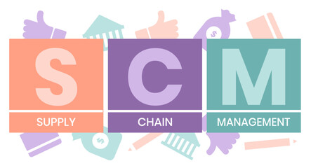 SCM - Supply Chain Management acronym. business concept background. Vector illustration for website banner, marketing materials, business presentation, online advertising