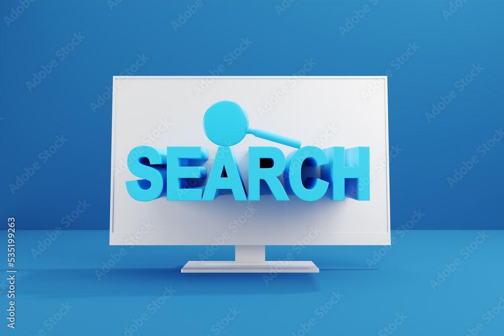Poster online internet web search concept. the word search popping out from the pc computer screen.