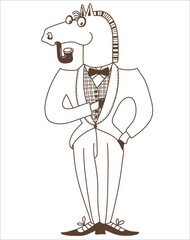 Horse gentleman with vintage tube and classic traditional suit. Vector horse British style hand drawn illustration isolated on white.