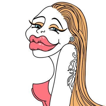 Stylish woman portrait with long hair and botox lips. Vector caricature illustration of glamour makeup young woman with tattoo decor body isolated on white.