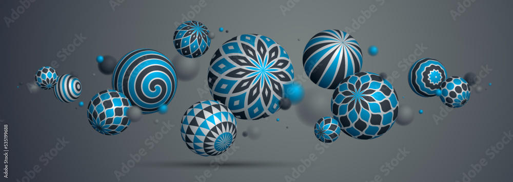 Poster abstract spheres vector background, composition of flying balls decorated with patterns, 3d mixed va