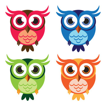 Owls. Vector set of different owls on white background. Birds set in flat style. Colorful cartoon funny cute. Unique illustration for design, print, web. Geometric vector owls. EPS10