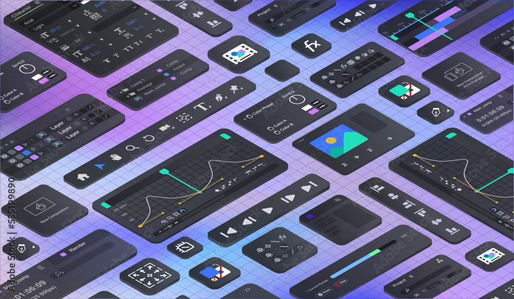 Poster isometric 3d background in the form of a software windows for a motion designer. variety of graphica