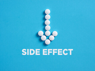 Medical pills in arrow shape with the word side effect. Medicine side effects and drug reactions