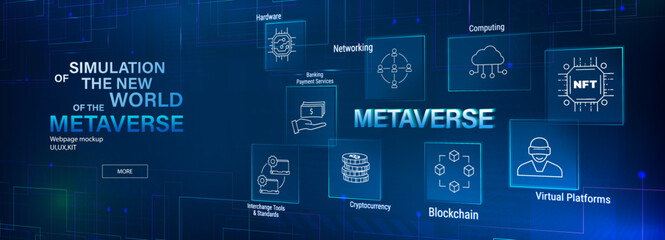 Fototapeta premium Metaverse banner in perspective and 3D inscription. Vector icon set with keywords. NFT, Blockchain, Virtual Platforms, Cryptocurrency, Hardware, Computing, Networking, Banking or Payment Services.