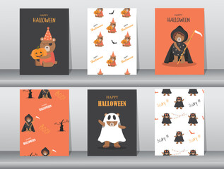 Fototapeta premium Set of halloween cute animal hand drawn invitation or greeting Cards,seamless pattern ,Vector illustrations.