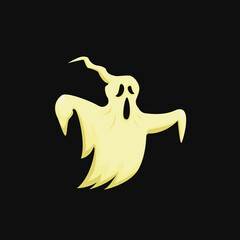 White halloween cartoon flying ghost with scary face on black background. Vector illustration