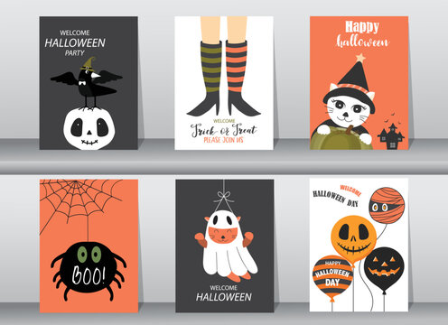 Set of halloween hand drawn invitation or greeting Cards,Vector illustrations.