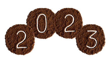 New year 2023 from coffee drawn on a white background from ground coffee, year of the rabbit