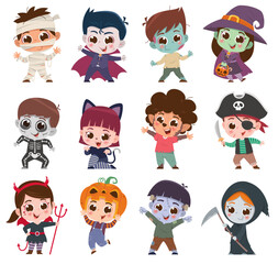 The image showcases twelve children dressed in various Halloween costumes, each portraying classic spooky characters.