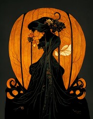 Black silhouette of Halloween Witch, orange moon pumpkin, dead trees and cobwebs