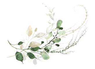 Watercolor greenery arrangement on white background. Green wild meadow plants, branches, leaves, golden style elements.