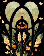 Halloween card. Silhouette of gate in mysterious garden and smiling evil pumpkin - 535200445