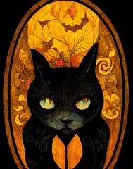 Halloween Black Cat Familiar of Witch . Art-Nouveau fantasy style card - 535200469