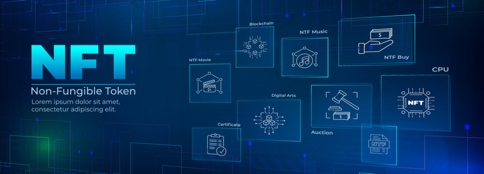 NFT non fungible tokens in perspective. NFT banner web icon for business technology, cryptocurrency, blockchain, unique digital items. NFT - concept vector icons set infographics background.