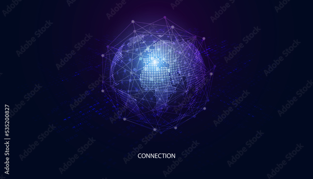 Poster abstract global dot network circle digital connection and communication futuristic on blue backgroun