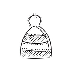 Striped knitted hat with bonbon in black isolated on white background. Vector hand drawn illustration in simple doodle line style. Winter and autumn warm fashion accessory and cloth