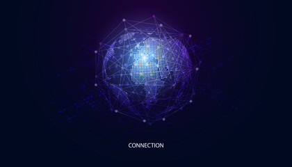 abstract global dot network circle digital connection and communication futuristic on blue background.
