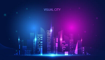 Fototapeta premium Abstract colorful city concept visual city hologram online city simulation metaever on background blue pink modern
