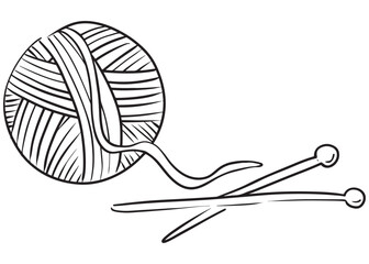 Needles and jarn for knitting black sketch drawing isolated on white background. Vector hand drawn illustration in doodle vintage engraved art style. Hobby and winter wanm clothes creating. Hand made