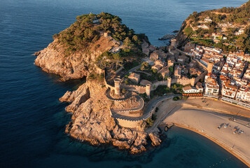 Aerial view to beautiful fortress and beach in Lloret de Mar on Costa Brava, Spain - 535200899