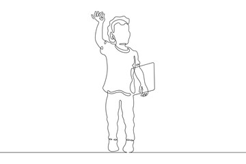 One continuous line.Kid with a laptop. Education of children. The child is standing with a tablet. A child with a closed laptop in his hands. One continuous line is drawn on a white background.