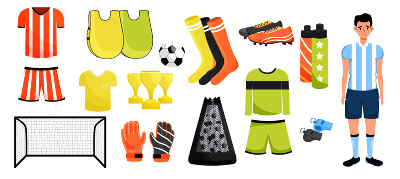A set of items for sports games. Football activity. Items and attributes for players and goalkeepers. Vector stock illustration. Flat style. Character