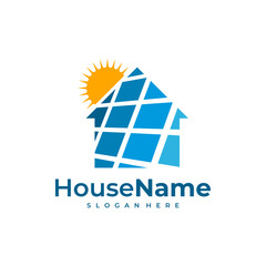 Solar power home logo icon template. Solar panel on roof with house and sun sign. Alternative energy company emblem. Renewable electricity business symbol. Vector illustration.