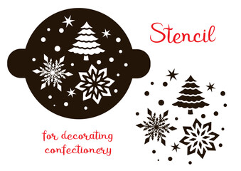 Christmas stencil with Christmas tree and snowflakes. Decor of confectionery and drinks