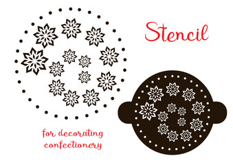 Christmas stencil with a spiral of snowflakes. Decor of confectionery and drinks