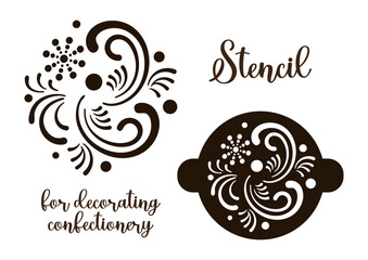 Festive stencil with snowflake and swirls. Decor of confectionery and drinks. Christmas stencil silhouette