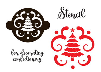 Christmas stencil with Christmas tree. Decor of confectionery and drinks. Silhouette christmas illustration with fir tree