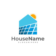 Solar power home logo icon template. Solar panel on roof with house and sun sign. Alternative energy company emblem. Renewable electricity business symbol. Vector illustration.