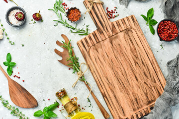 Fototapeta na wymiar Cooking banner. Background with spices and vegetables. Top view. Free space for your text.