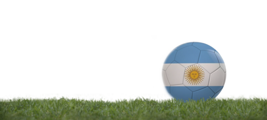 argentina flag on soccer ball on grass, copy space with white background.