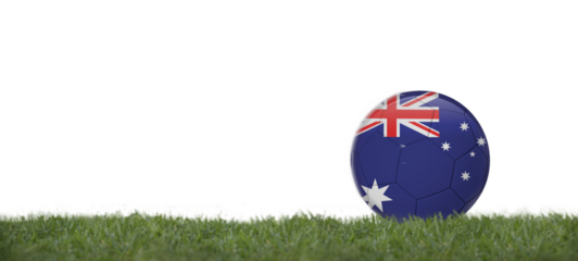Soccer ball with australia flag on grass, copy space with white background.