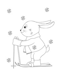 Coloring page of a cute cartoon bunny skiing. Colouring book for kids. Vector outline illustration