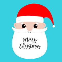 Merry Christmas. Santa Claus face head icon. Big red hat. New Year. Moustaches, round beard, brow. Cute cartoon funny kawaii baby character. Flat design. Blue background.