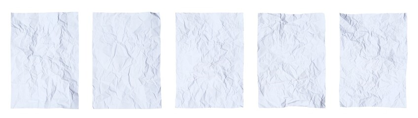 Set of crumpled and wrinkled blank paper posters isolated on white