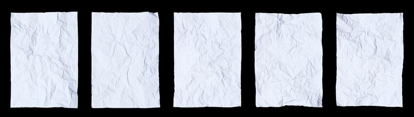 Set of crumpled and wrinkled blank paper posters isolated on black
