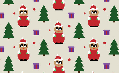 Seamless pattern of Christmas tree, snowflakes and Santa Claus hat on purple background. Vector illustration