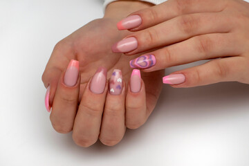 Pink beige french manicure on long square nails with painted hearts