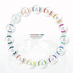 Basic circle infographic with 15 steps, process or options.