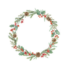 Watercolor vector Christmas frame with fir branches and holly berry.