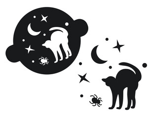 Stencil for decorating confectionery for Halloween with a black cat. Silhouettes of a cat, moon and stars.
