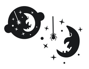 Stencil for decorating Halloween confectionery with an evil moon and a spider in the starry sky. Spider, stars and moon silhouette