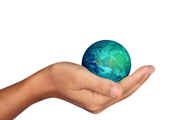 Hand hold globe with white background.Elements of this image furnished by NASA