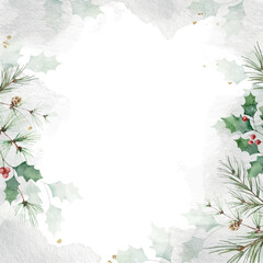 Fototapeta na wymiar Watercolor Christmas vector card with green leaves and holly berries.