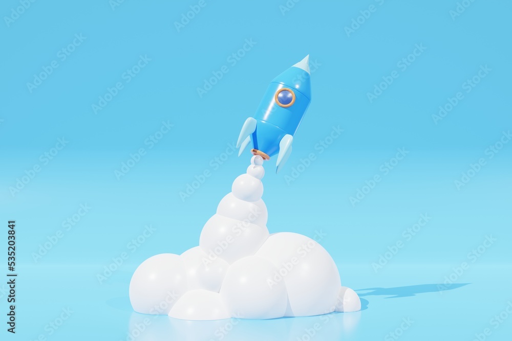 Poster 3d spaceship rocket launch. 3d rendering rocket concept on blue background
