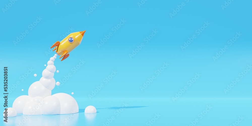 Poster 3d yellow spaceship rocket launch on blue background. 3d rendering rocket concept